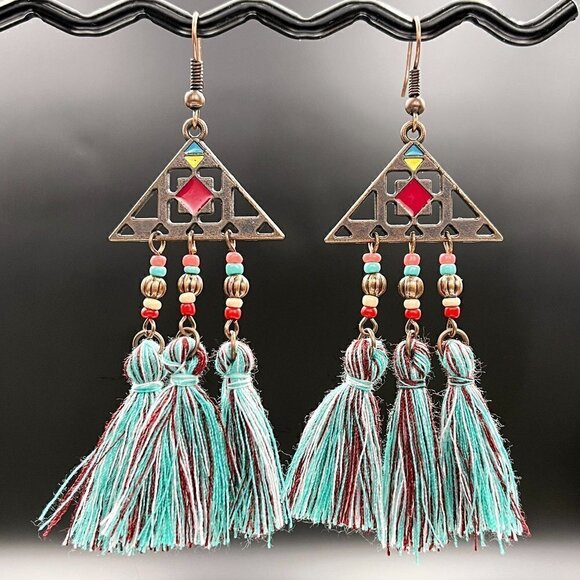 Bohemian Tassel Statement Drop Earrings - Picture 4 of 5